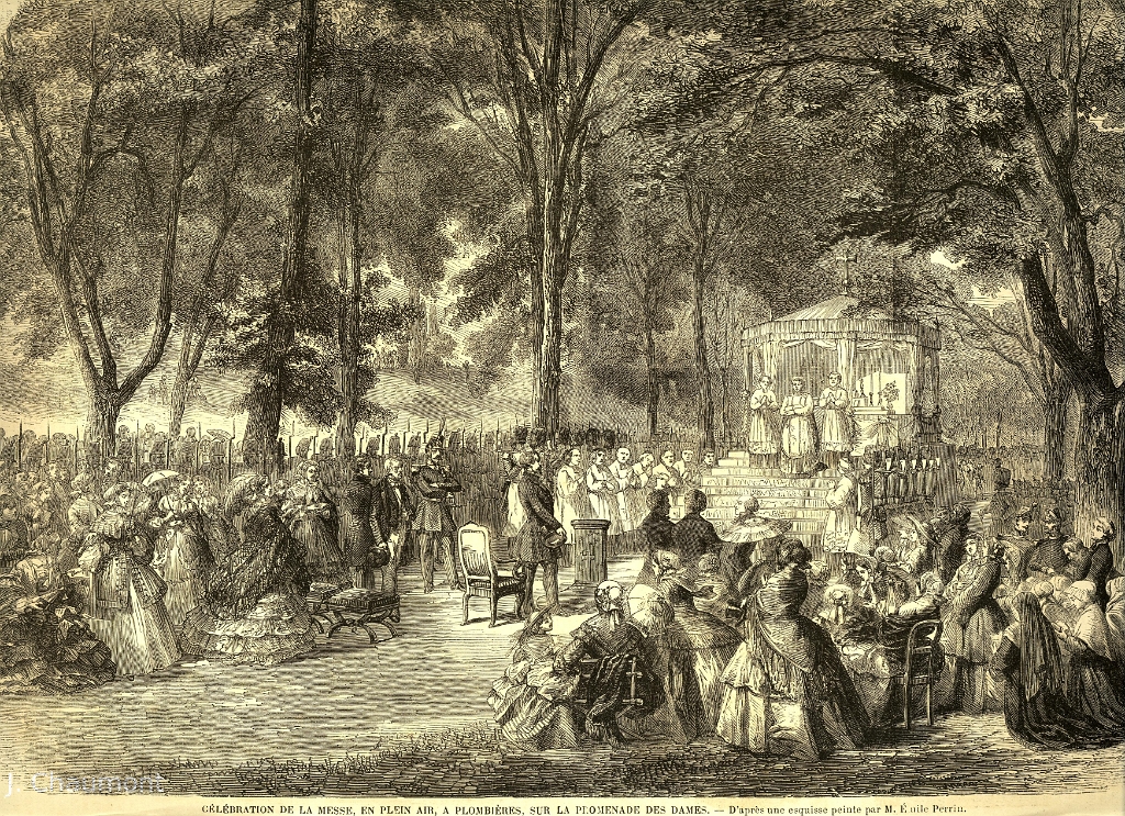 Célébration de la Messe, en plein air, à Plombières, sur la Promenade des Dames en 1858, en présence de l'Empereur Napoléon III.JPG