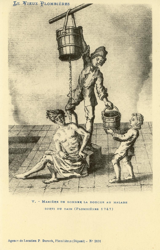 Le Vieux Plombières. - 5. - Manière de donner la Douche au Malade sorti du Bain (Plombières 1747).JPG
