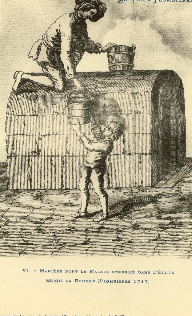 Le Vieux Plombières. - 6. - Manière dont le Malade enfermé dans l'Etuve reçoit la Douche (Plombières 1747).JPG