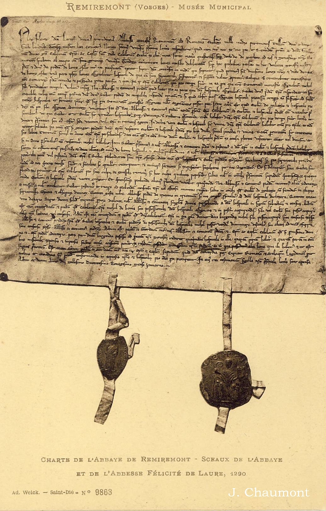 Remiremont - Musée Municipal. - Charte de l'Abbaye de Remiremont - Sceaux de l'Abbaye et de l'Abbesse Félicité de Laure, 1290.jpg